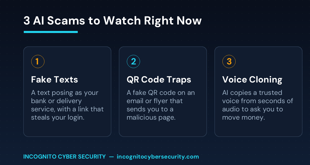 Three AI scams to watch: fake texts, QR code traps, and voice cloning