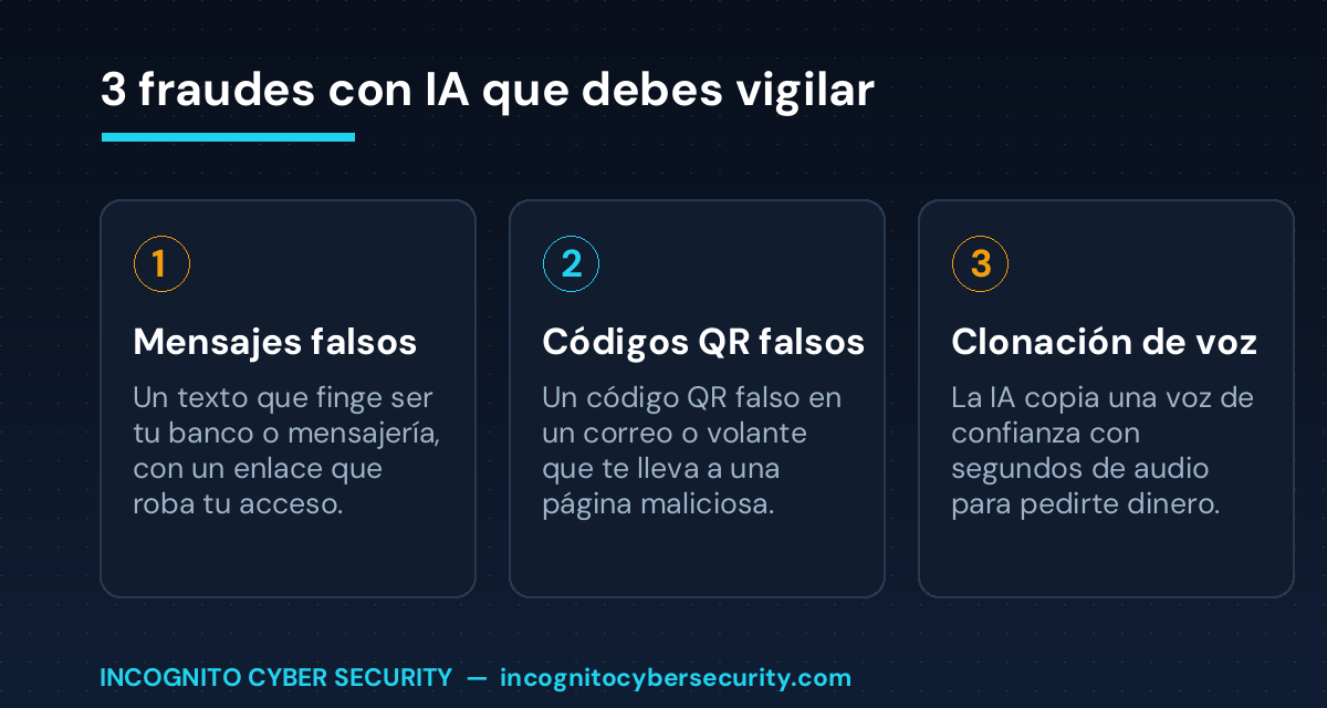 Tres fraudes con IA: mensajes falsos, códigos QR falsos y clonación de voz