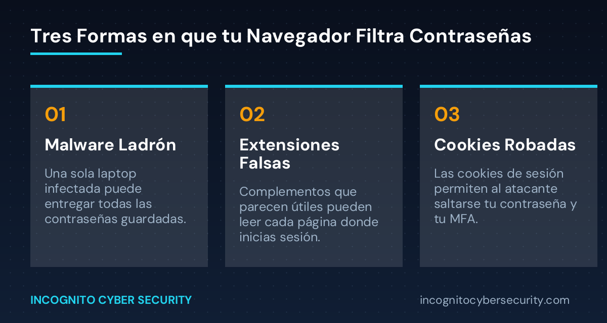 Infografía: tres formas en que tu navegador filtra contraseñas - malware ladrón, extensiones falsas, cookies robadas