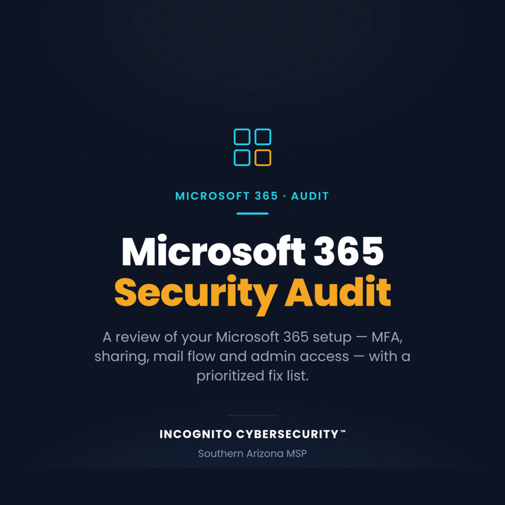 Hero banner with a logo of four outlined squares (blue and orange) above the heading 'Microsoft 365 • Audit' and subheading 'Security Audit' on a dark dotted background, representing a cybersecurity article header by Incognito Cybersecurity.