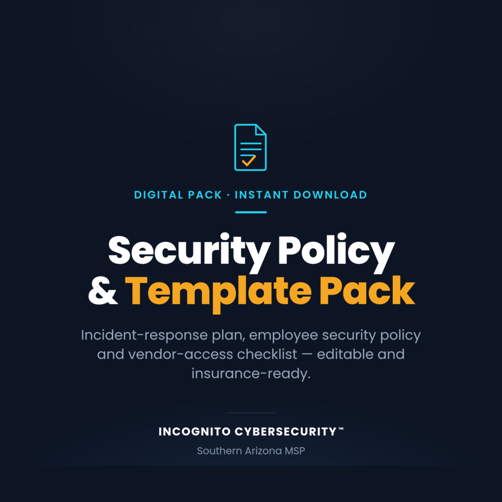 Hero banner for a cybersecurity site showing a cyan document icon above the text 'DIGITAL PACK • INSTANT DOWNLOAD' with large white and orange headline 'Security Policy & Template Pack' on a dark dotted background.