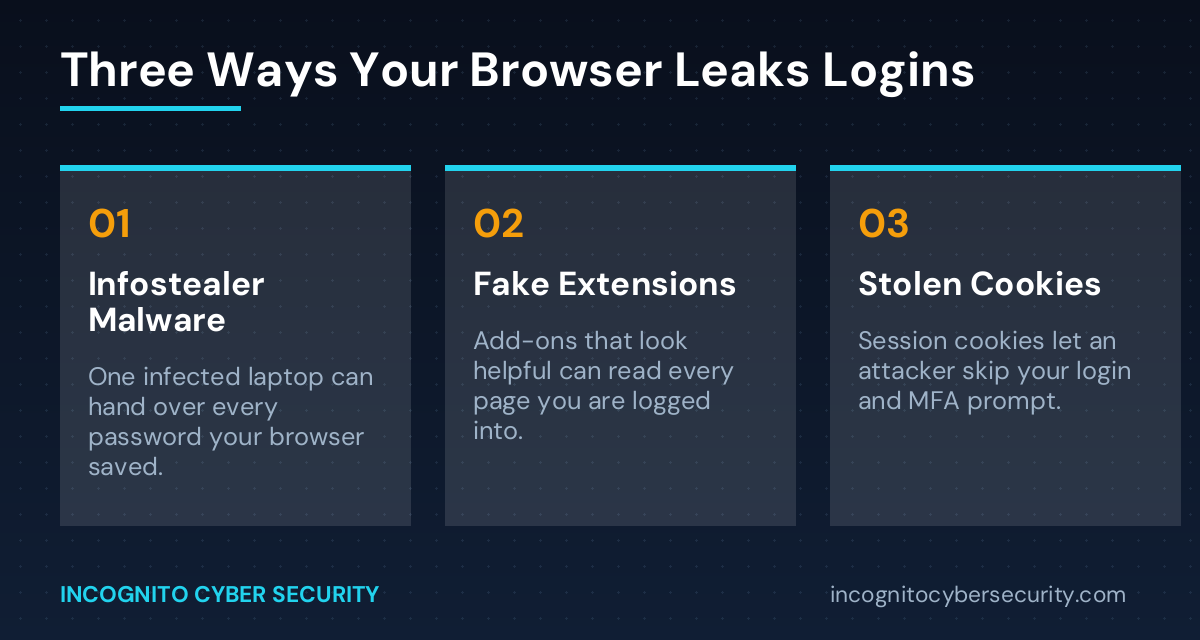 Infographic: three ways your browser leaks logins - infostealer malware, fake extensions, stolen session cookies