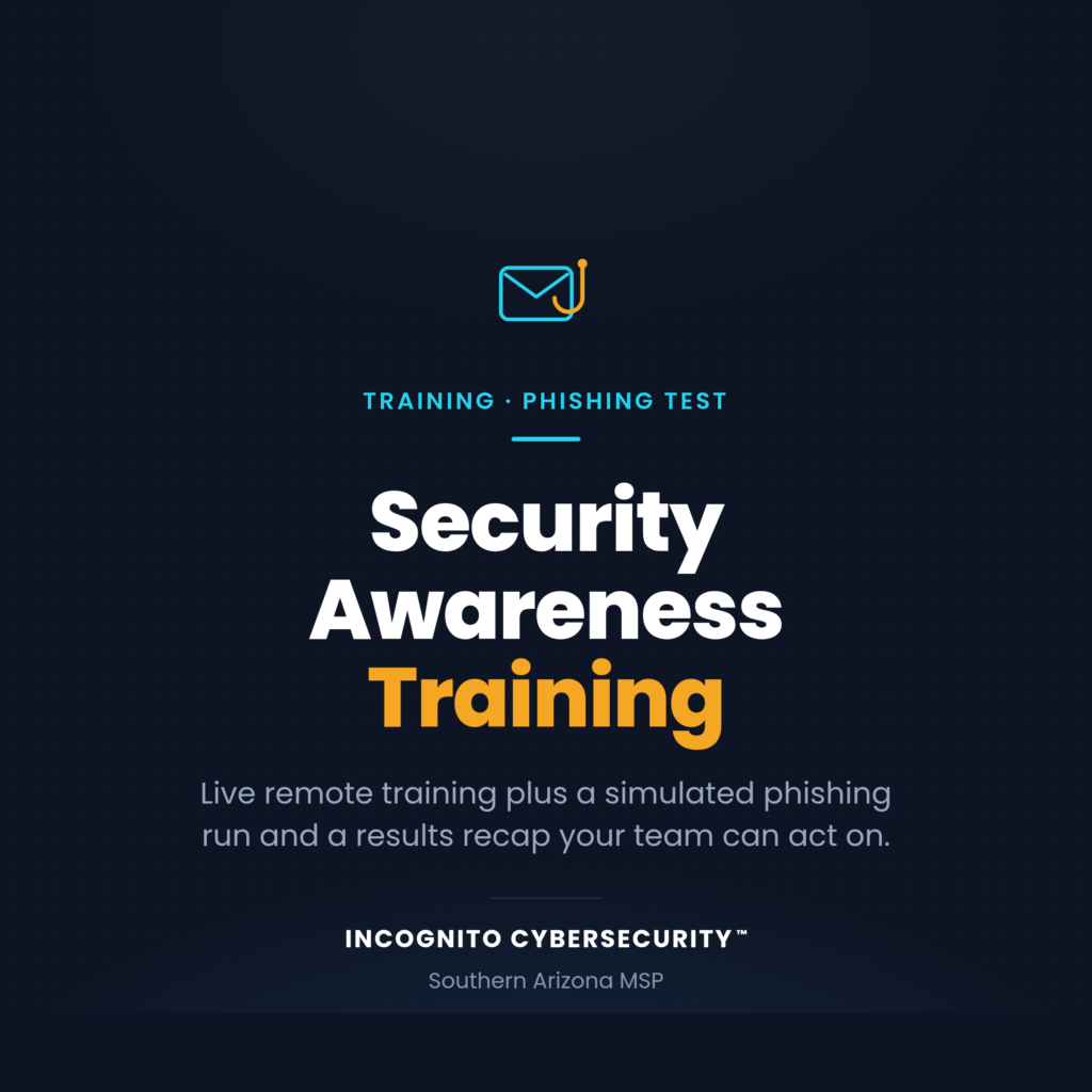 Envelope logo with a curved orange line on a dark dotted background, above the words 'Training • Phishing Test' and a large 'Security Awareness' headline.