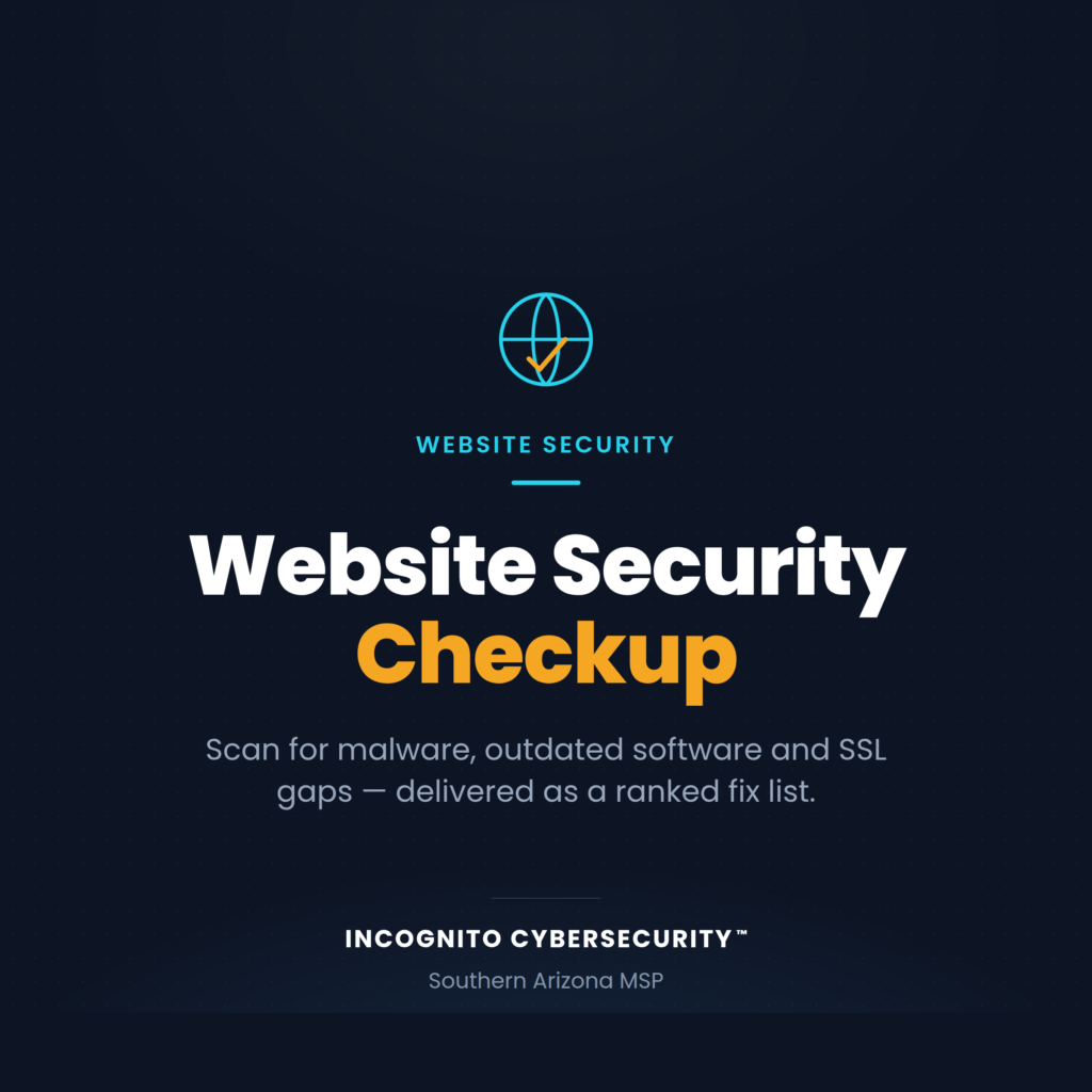 Globe icon with a blue ring and orange checkmark under the words Website Security on a dark dotted background.
