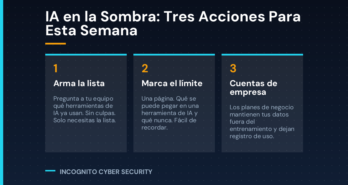 Infografía con tres tarjetas: arma la lista de herramientas de IA que usa tu equipo, marca el límite de lo que se puede pegar y usa cuentas de empresa