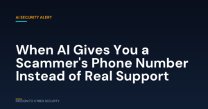 AI chatbot screen showing a fraudulent customer support phone number, illustrating an AI search poisoning scam