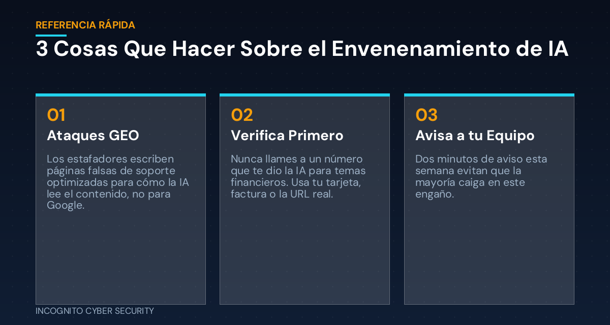Tres cosas que las pequeñas empresas pueden hacer sobre el envenenamiento de búsquedas con IA: reconocer ataques GEO, verificar los números de contacto antes de llamar y avisar a tu equipo