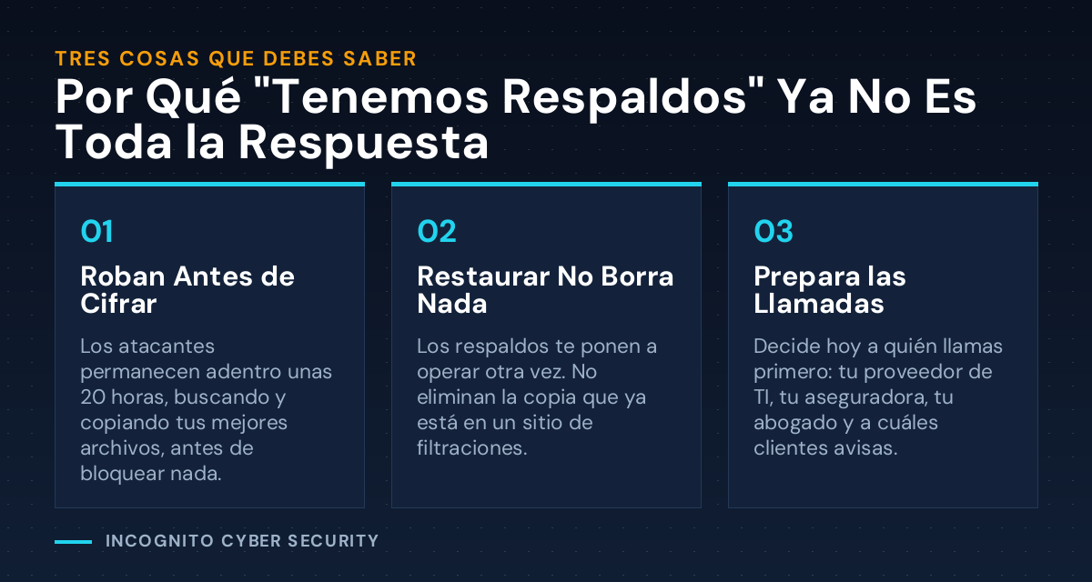 Infografía con tres tarjetas: roban antes de cifrar, restaurar no borra nada, prepara las llamadas.