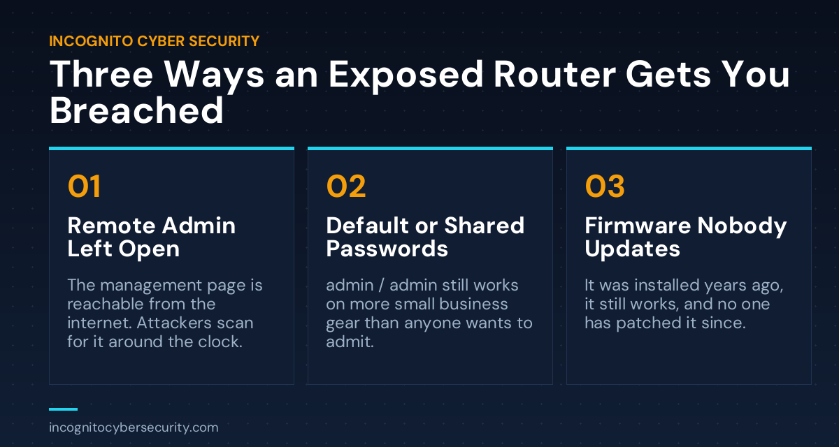 Infographic with three cards: remote admin left open, default or shared passwords, and firmware nobody updates