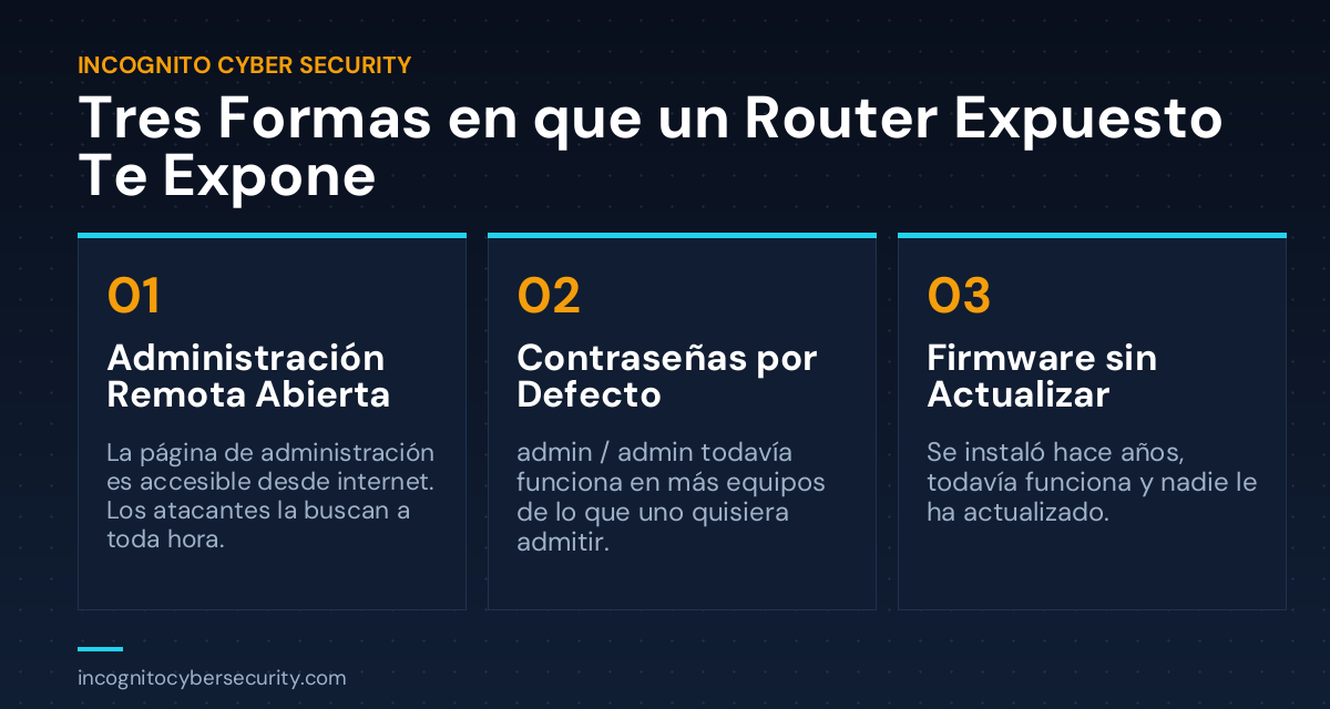 Infografía con tres tarjetas: administración remota abierta, contraseñas por defecto y firmware sin actualizar