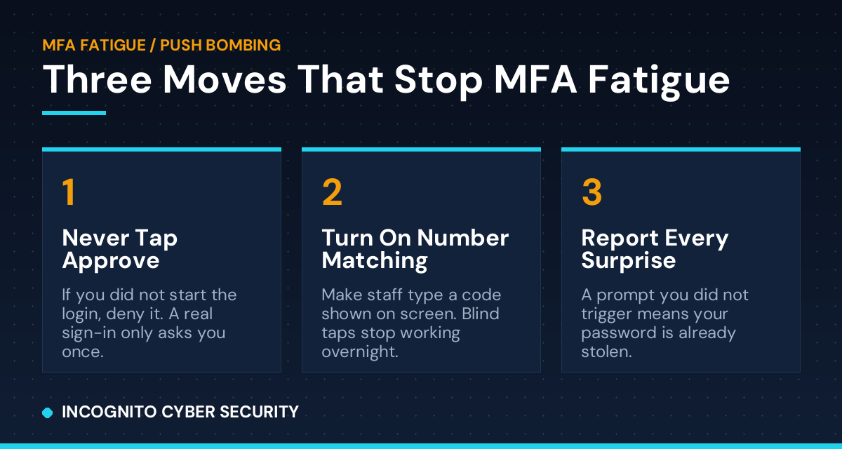 Infographic showing three moves that stop MFA fatigue: never tap approve, turn on number matching, report every surprise prompt