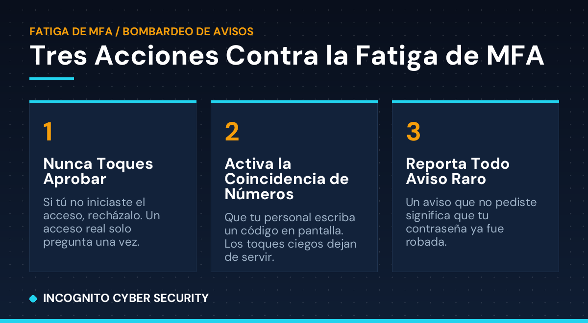 Infografia con tres acciones contra la fatiga de MFA: nunca toques aprobar, activa la coincidencia de numeros, reporta todo aviso raro
