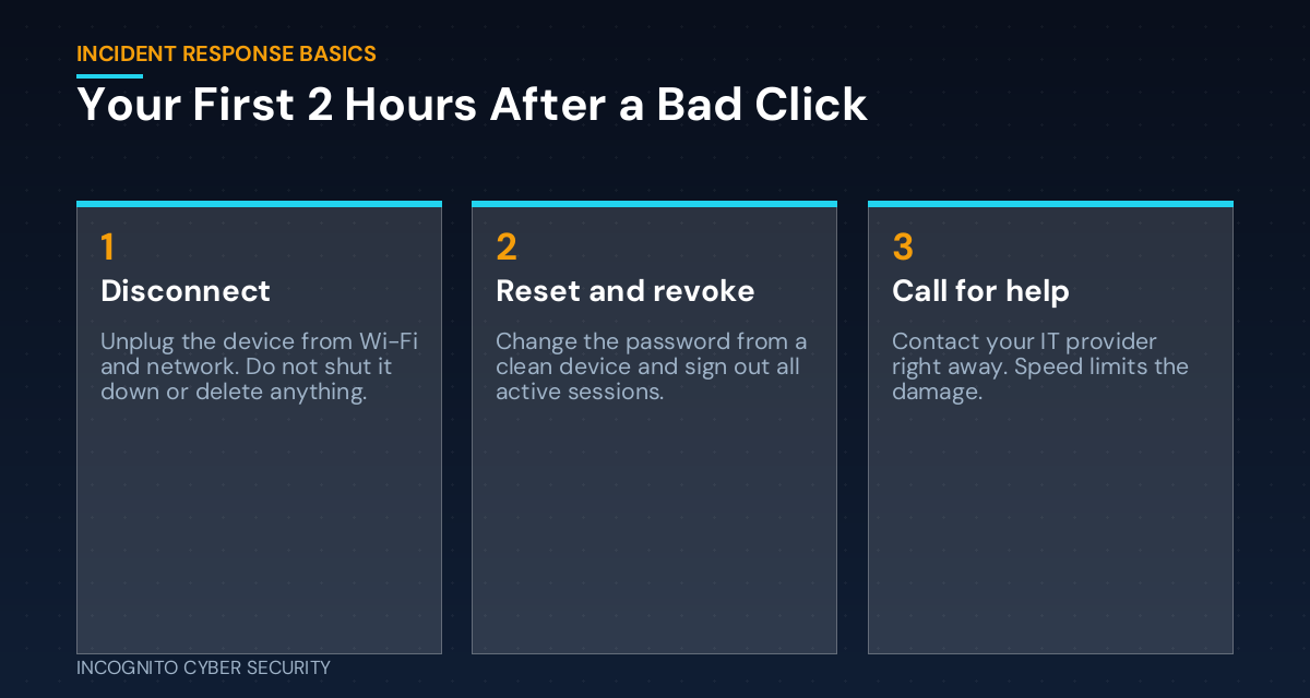 Infographic: your first 2 hours after a bad click - disconnect, reset and revoke, call for help
