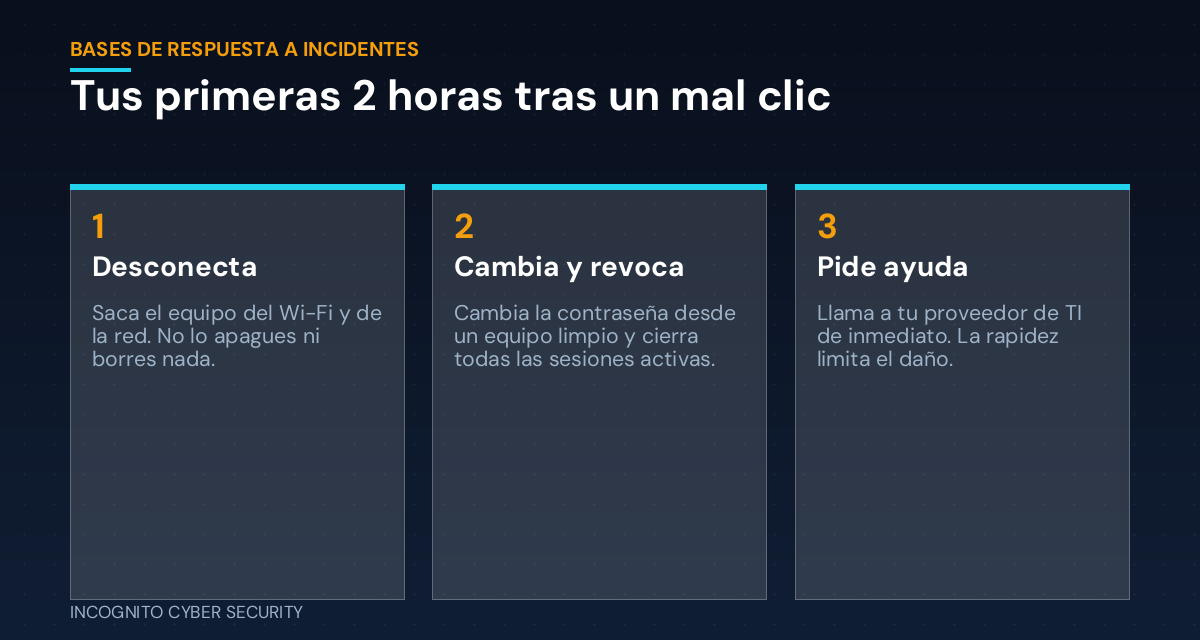 Infografía: tus primeras 2 horas tras un mal clic - desconecta, cambia y revoca, pide ayuda