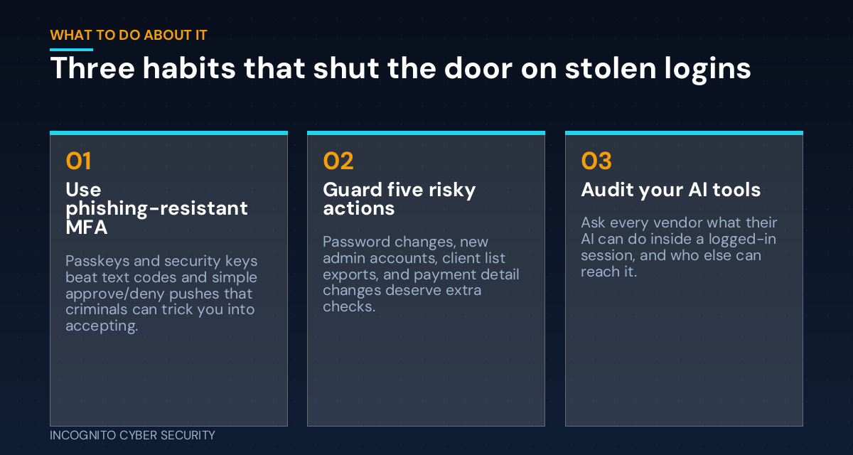 Infographic: three habits that shut the door on stolen logins - phishing-resistant MFA, guard five risky actions, audit your AI tools