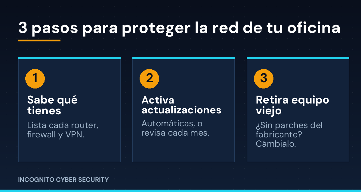 Infografía: 3 pasos para proteger la red de tu oficina - sabe qué tienes, activa actualizaciones, retira equipo viejo