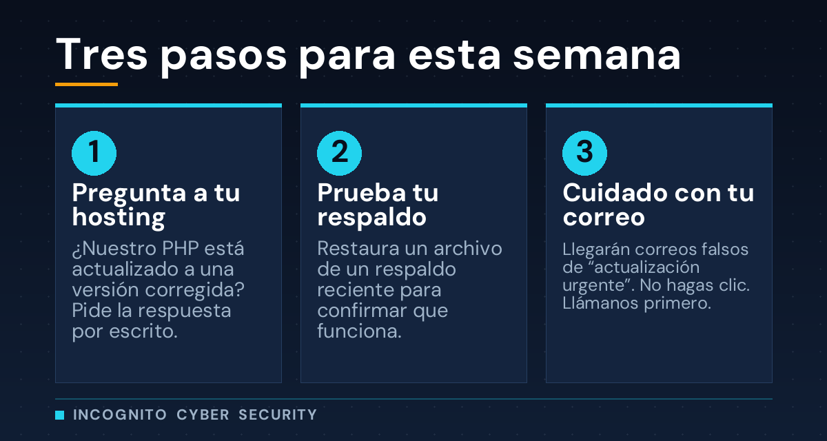Infografía: tres pasos para esta semana - pregunta a tu hosting, prueba tu respaldo, cuidado con tu correo